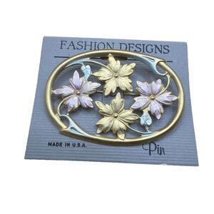 Vintage 80's Flower Design Pin/Brooch Gold-Tone Pink Green Leaf Made In USA NWT
